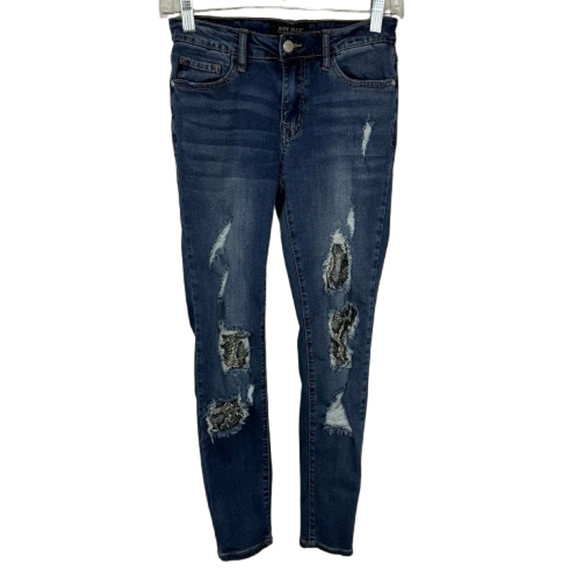 Judy Blue Jeans Women 5/27 Blue Denim Python Patch Skinny Fit Distressed Stretch - Picture 1 of 12